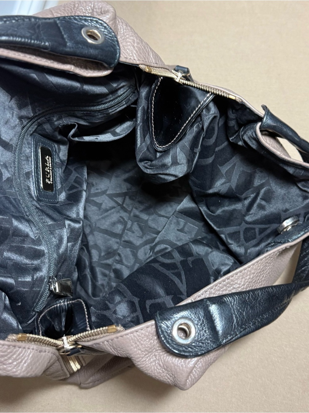 Furla Taupe Grey Pebbled Leather Hobo Shoulder Bag | Side Zip Expansion Panels - Picture 6 of 14